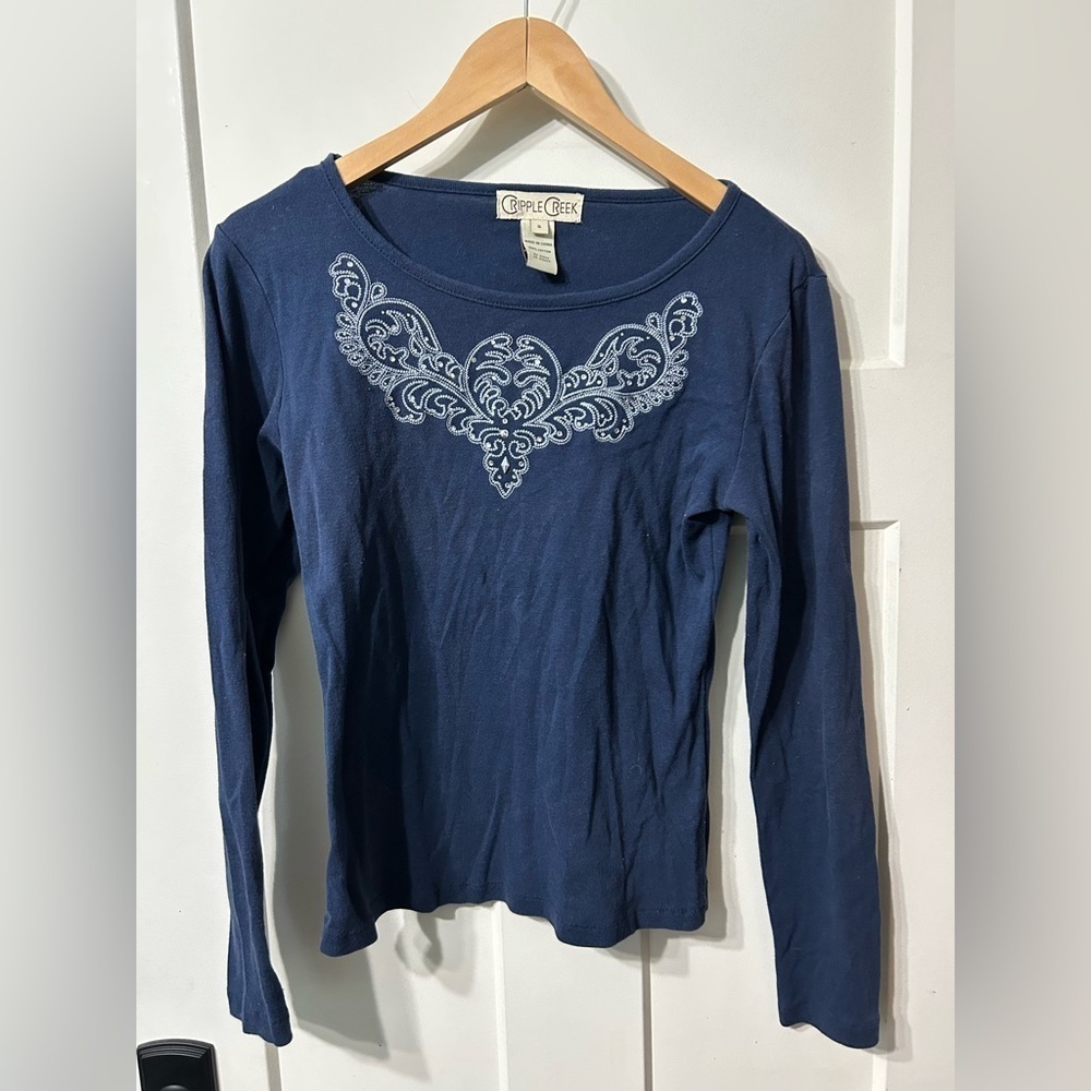 Cripple Creek Blue Embroidered bling sparkle long sleeve Women's Top